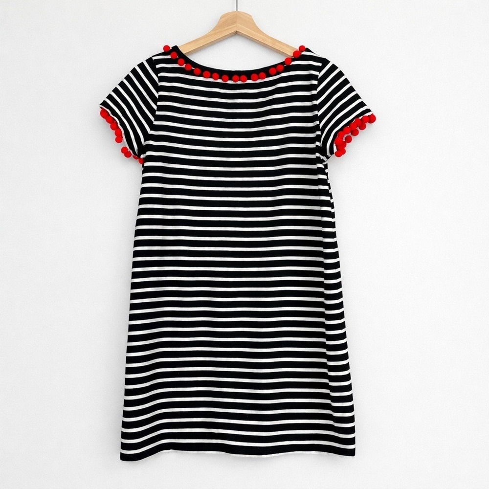 Boden Bridget Jersey Dress Navy White Stripe Orange Pom Trim Nautical Size 6